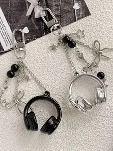 Y2k Style Headphones-Shaped Bead Pendant, Keychain Accessories, Beaded Keychain, Featuring 3d Headphones With Black Bead Chains, Star And Bow Pendants, Suitable For Decorating Keys, Backpacks, And Headphone Cases, Accessory For Commuting And Going Out