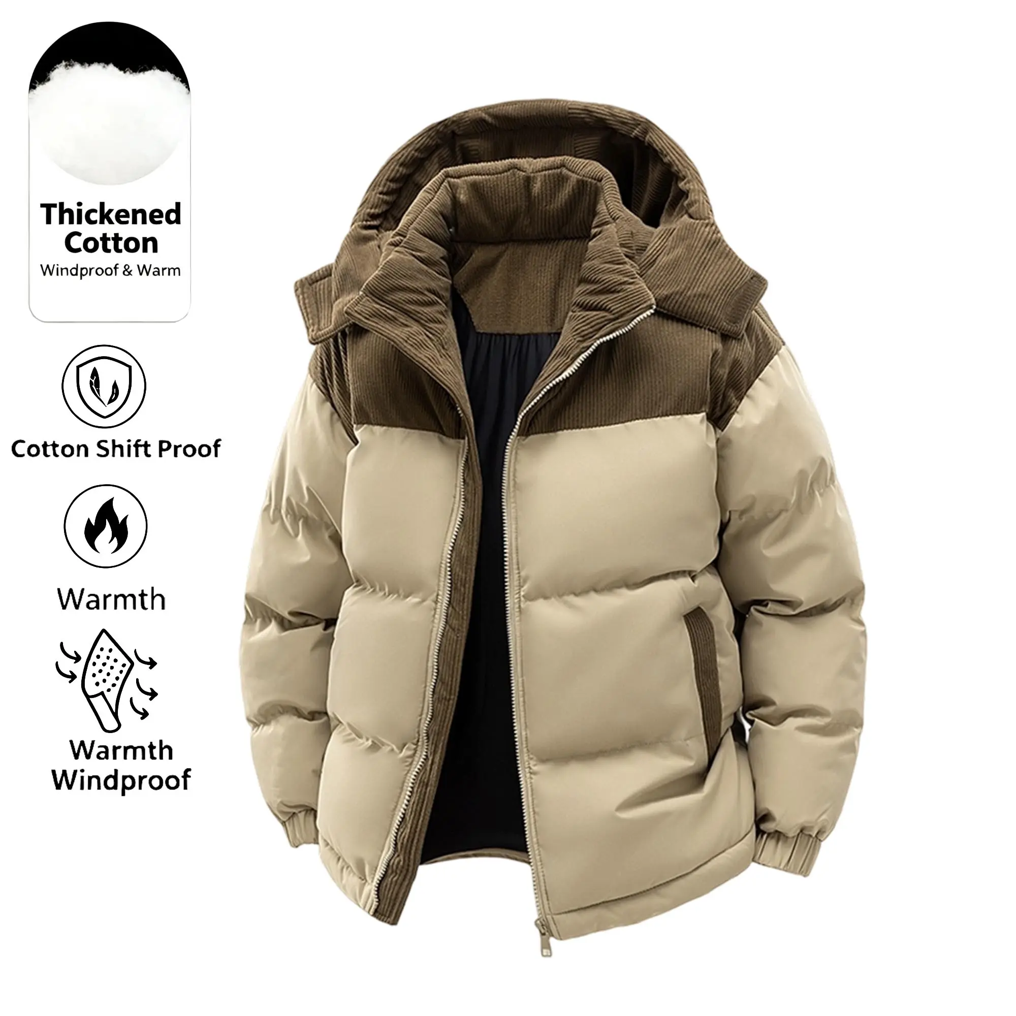 Men’s thick, warm color-block puffer winter jacket with corduroy collar and hood; cotton casual ski jacket for snow, resistant to extreme cold, suitable for everyday wear.