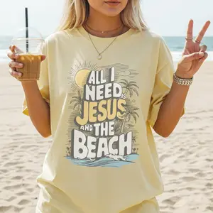 Comfort Colors Jesus and the Beach Shirt, Retro Christian Summer Tee, Coastal Faith Oversized T-Shirt, Sunset Religious Gift, Tropical Worship Apparel
