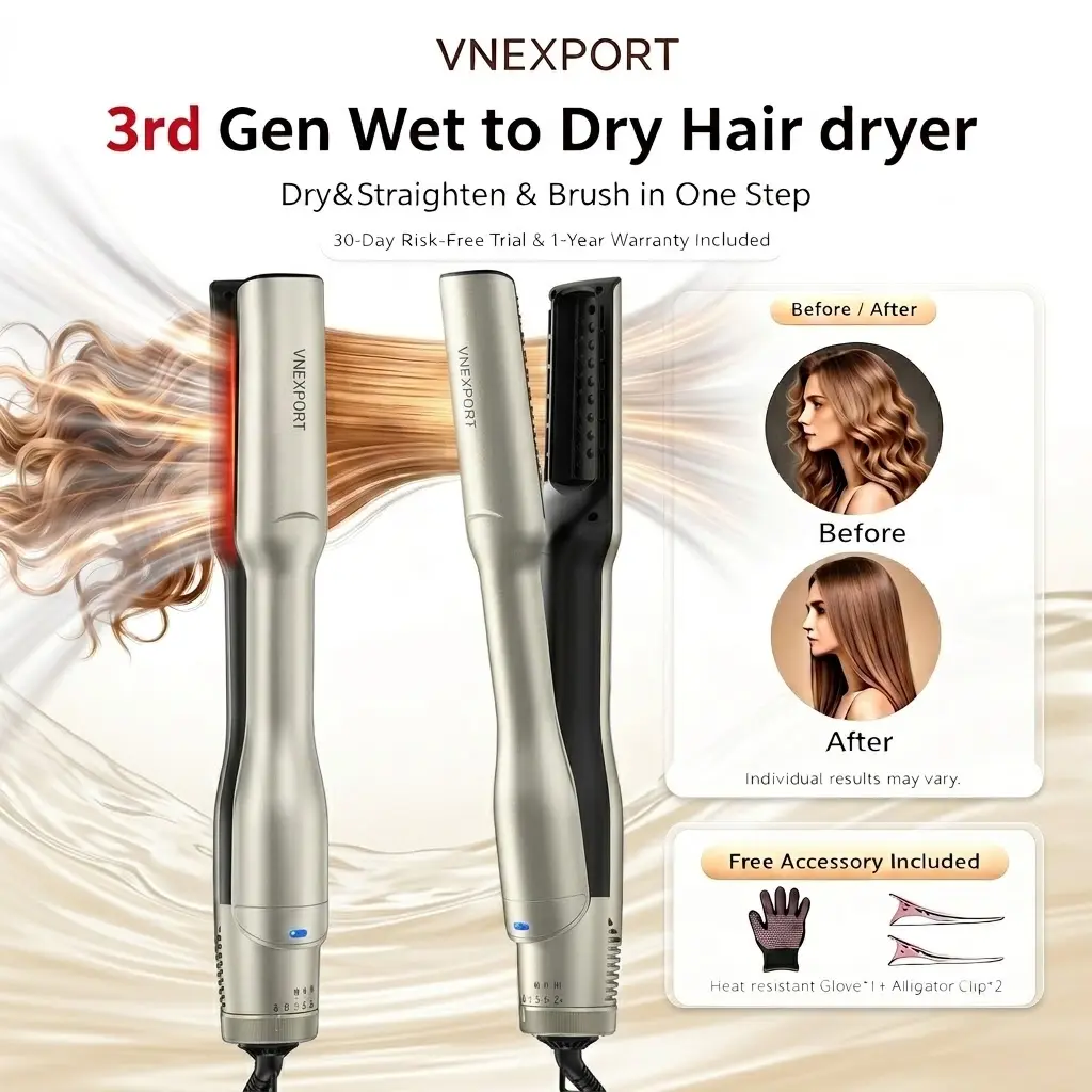 3rd Gen 3-in-1 Wet-to-Dry Hair Dryer Brush - Hair Styler with Dial-Operated Curlers & Straighteners, Airflow Straightener, Ceramic Plates & Bristles for Busy Mornings, VNEXPORT SD-919 Smooth Hair Styling    Airflow Hair Straightener Hair Styling Tools