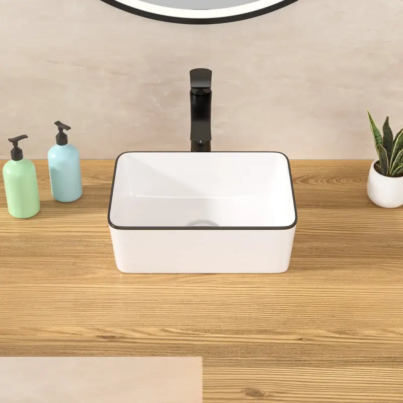 Lordear 16in L x 12in W Rectangular Above-Countertop Bathroom Vessel Sink - Black Rim Ceramic Basin, Industrial Glam Design, Ideal for Homes & Offices, Indoors/Outdoors Use