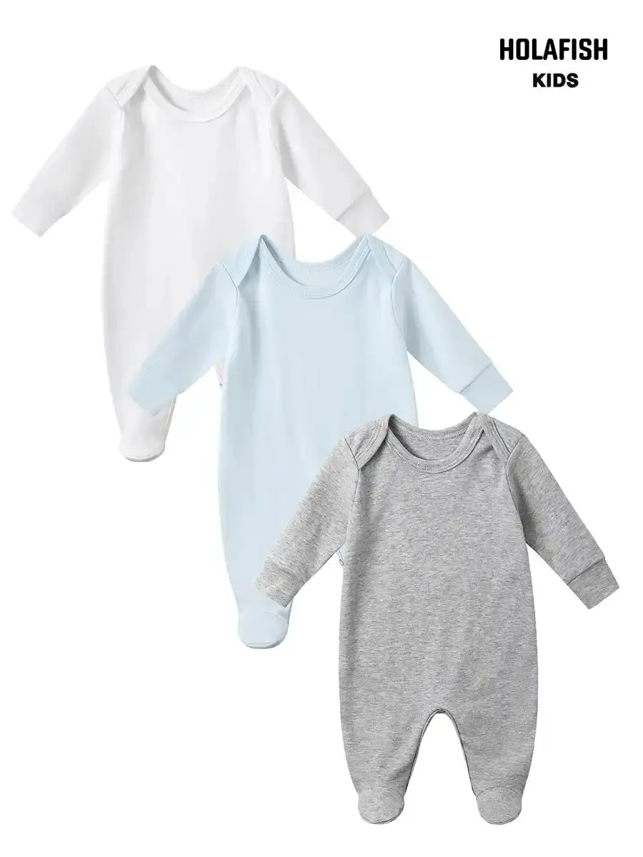 Holafish 3 Pack 100% Cotton Baby Long Sleeve Bodysuits Unisex Solid Color Round Neck Newborn Onesies for Boys Girls Daily Outfits