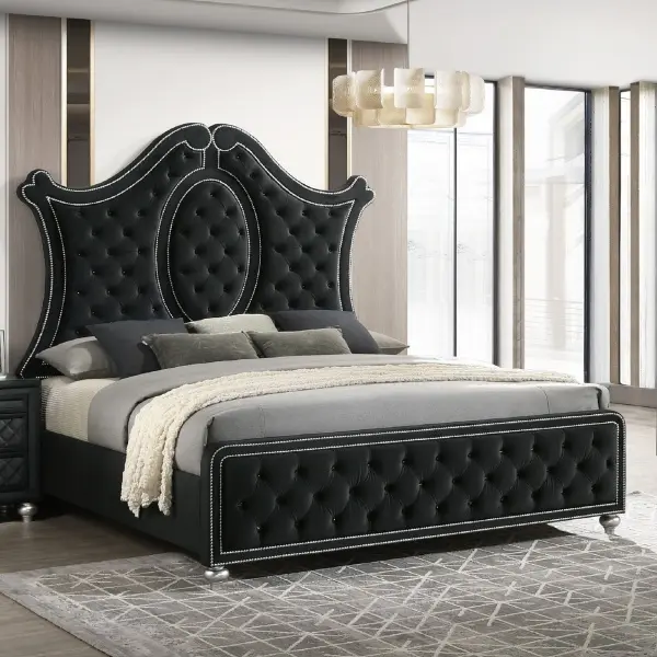 Queen Size Fabric Wood Panel Bed Frame - Upholstered Tufted Headboard, Glam Modern Luxury Design, Intricate Nailhead Trim, Diamond Tufted Accent, Mirrored Details, Requires Assembly, Black, Queen: 88.75" l x 63.63" w x 76.63" h