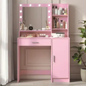 Vanity Desk with Lighted Mirror 12 LED Bulbs 3 Lighting Modes Large Drawer 3 Level Storage Durable Particle Board for Bedroom Elegant White Design