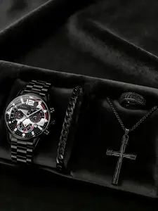 Men's Business Fashion Watches Quartz Multifunctional Exquisite Watch Set with Calendar & Cross Pendant Necklace Jewelry, Perfect for Sports Running Travel Valentine's Day Gift Birthday Party