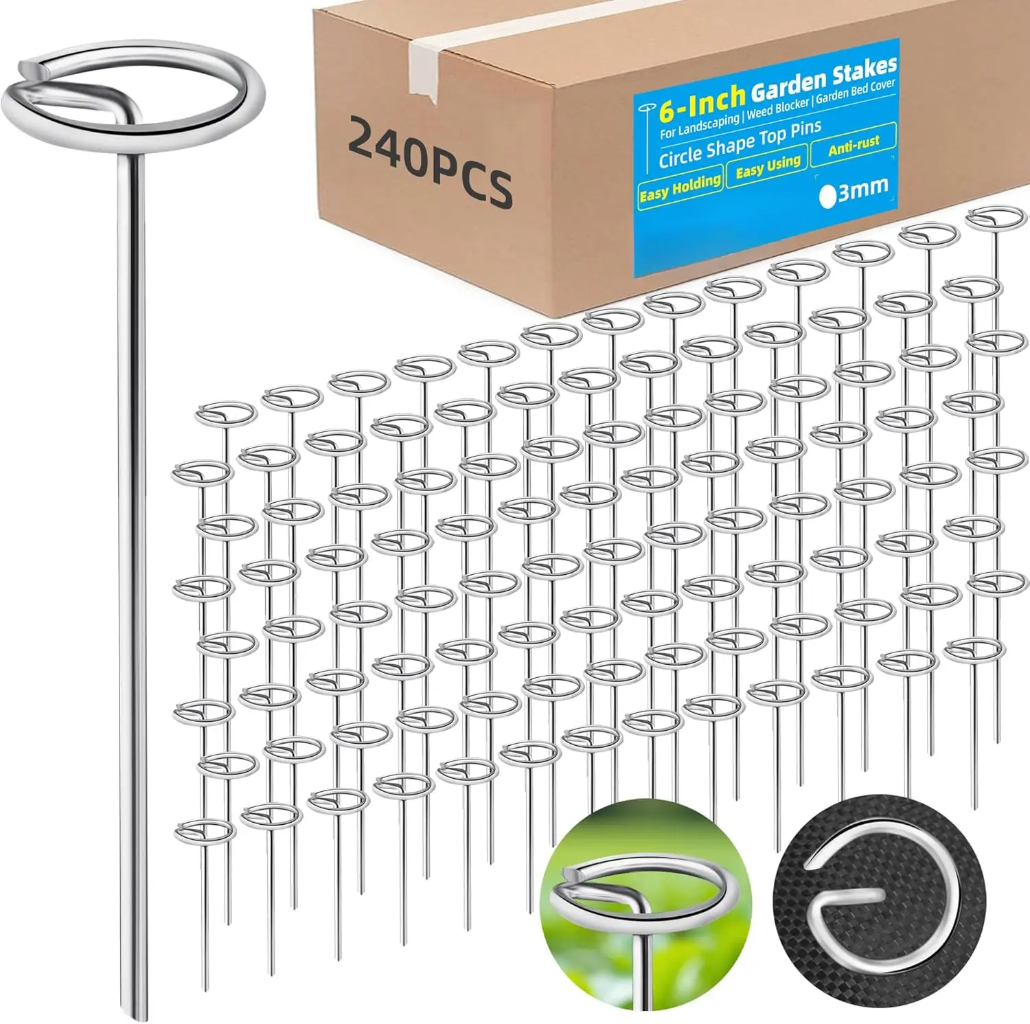 240-piece set 6inch Galvanized landscape ground nails, dome-shaped anti-rust and anti-weed fabric fixing nails, gardening ground cloth staples