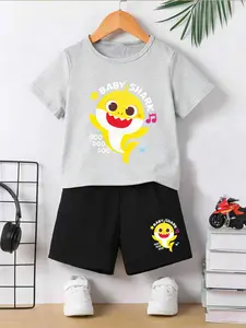 Boys Summer Short Sleeve Shorts Set, Cute Shark Baby Print, Breathable Fabric, Round Neck, Loose Fit, Casual Wear, Kids Clothing