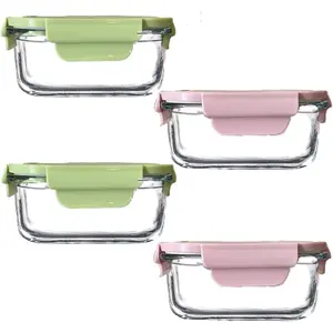 Square Glass Food storage Containers with Airtight Lids, 2 cup Food Meal Prep Containers, Glass Bowl For Lunch Sandwich Fruit Snack, Dishwasher Microwave Freezer Safe- (Pink+Green) Kitchen Utensils