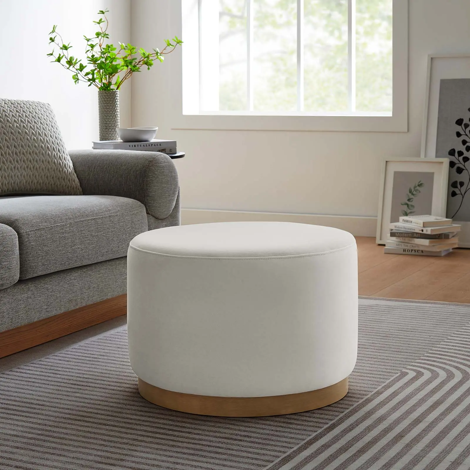 Modway Tilden Large 23" Round Performance Velvet Upholstered Ottoman - Alabaster Natural, Footstool, Upholstered Stool, Living Room Furniture Ottoman