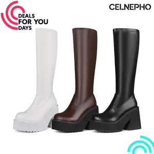 CELNEPHO Fashion Boots for Women Round Toe Knee High GOGO Booties Easy Pull on Chunky Platform Heel Punk Booties Work Wear Party Dress Shoes Deals For You Days