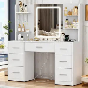 White Modern Large LED Vanity Desk - 3-Color Adjustable Lights, Spacious Storage Drawers, Open Compartment, Built-in Power, Stylish Full-Size Adjustable Drawer-Style Makeup Vanities, Bedroom Indoor Furniture