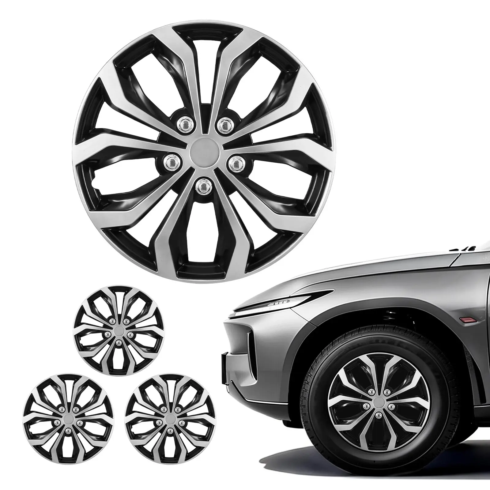 【DealsForYouDays】VEVOR 16-Inch Snap-On Hubcaps Set of 4, ABS Universal 10-Spoke OEM Replacement Wheel Disc Covers, Adjustable Retention Ring, Full-Cover Design, for Hyundai/Chevrolet, Silver/Black Car Rim Accessories & Tyre Caps