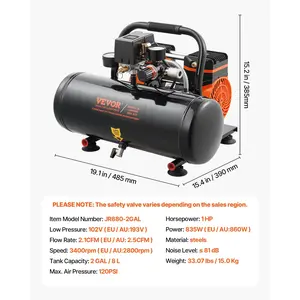 VEVOR Air Compressor, 2 Gallon Steel Tank, 1HP 2.1 CFM 8bar Oil Free Air Compressor Max. 120PSI Pressure, 81dB Ultra Quiet Portable Compressor, for Auto Repair, Tire Inflation, Spray Painting