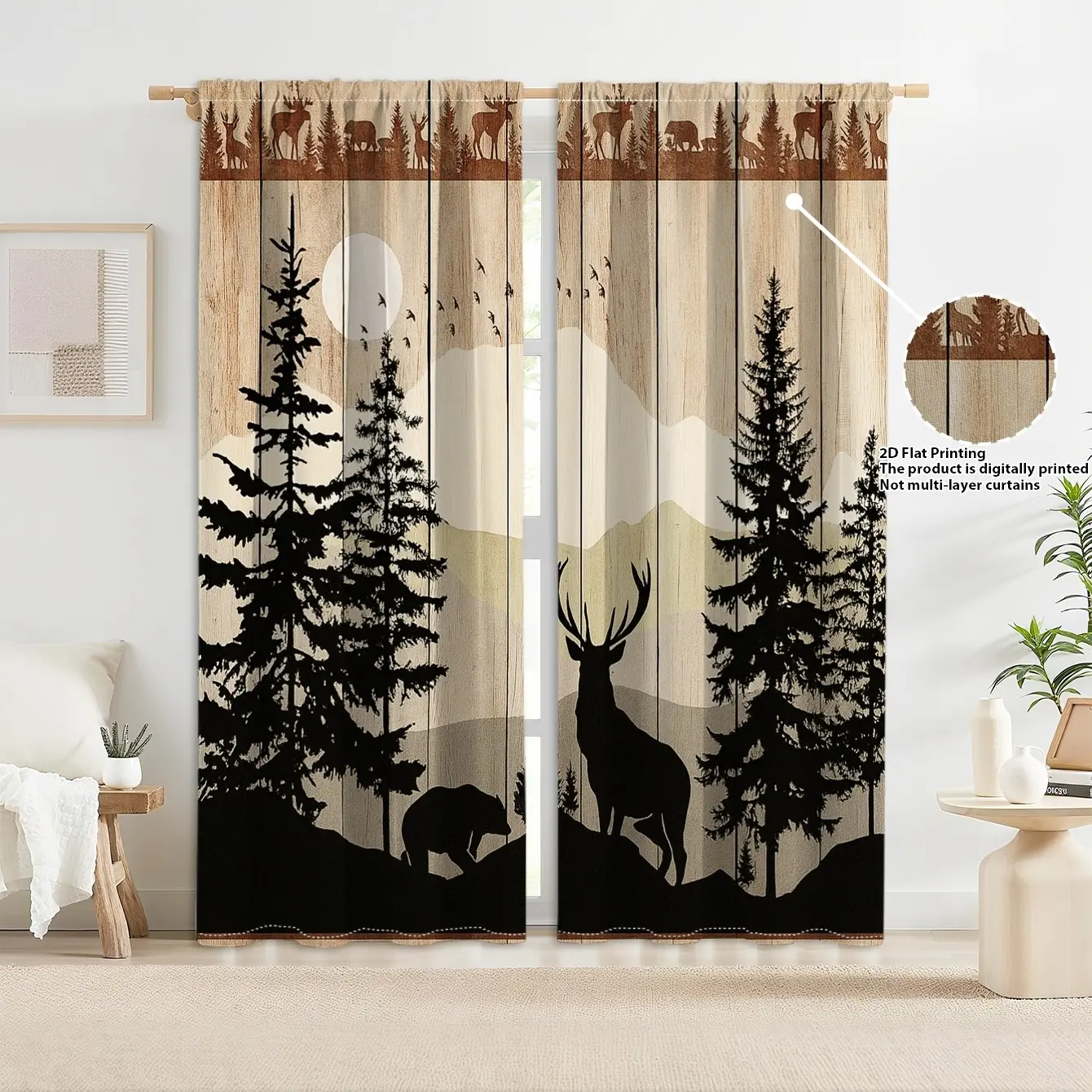 2pcs Forest Deer Shadow Blackout Curtains, Window Drapes, Blackout Window Cover, Natural Wind Home Decor, Living Room Bedroom Use, Insulation, Cozy Atmosphere, Artistic Style