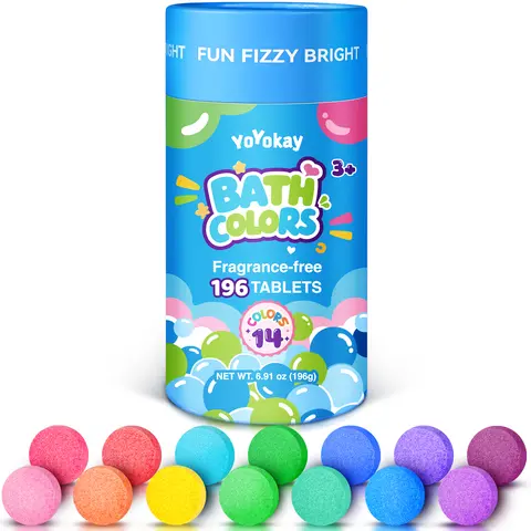 Bath Color Fizzies for Kids, 196 Count Bath Water Coloring Tablets in 14 Bright Colors, Non-Toxic & Fragrance-Free, Fun Bath Time Activity