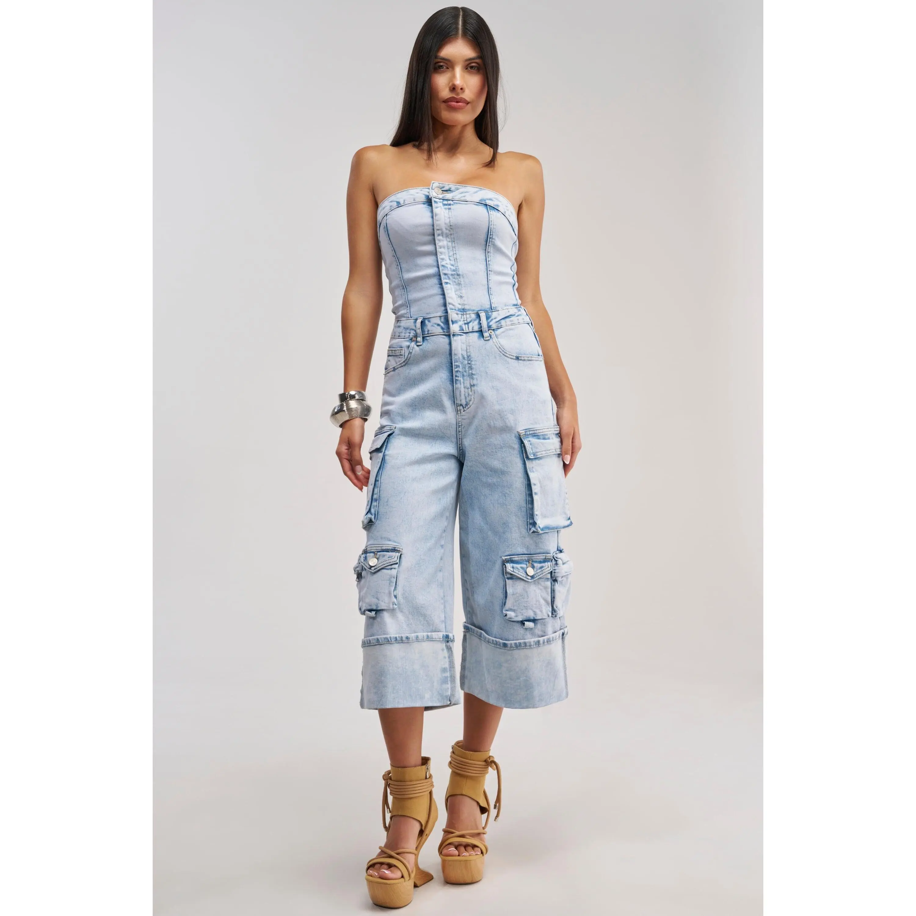 ALICIA CROPPED CARGO JUMPSUIT IN LIGHT BLUE DENIM