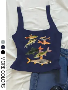 tiktokshopholidayhau，Y2K Tropical Fish Graphic Tank Top – Vintage Aesthetic, Slim Fit Square Neck Camisole for Summer | Cute Aquarium Print Crop Top, Harajuku Streetwear, More Colors Available