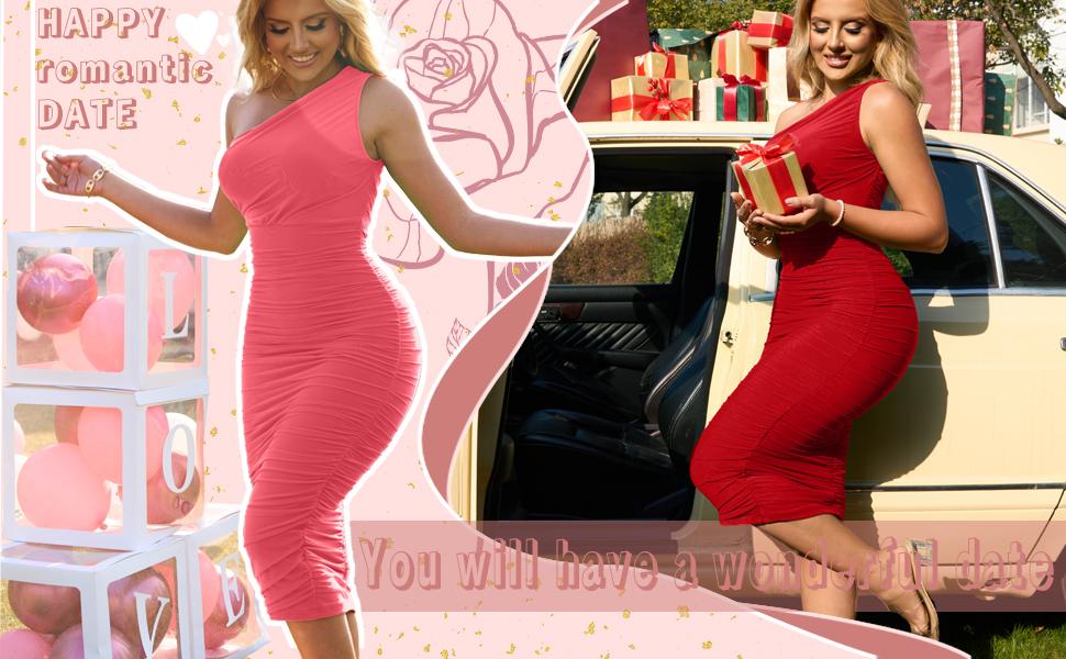 OYS Women's Sexy Bodycon One Shoulder Sleeveless Ruched Midi Club Party Dress Formal Womenswear