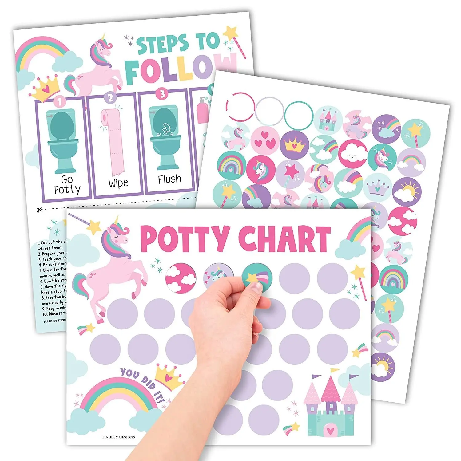Hadley Designs Potty Training Sticker Chart Set - 10 Reward Charts, 252 Stickers, Screen-Free Toilet Training Tool, USA-Made Office & Educational Curriculum Resources for Toddlers, Sticker Set Curriculum Resources
