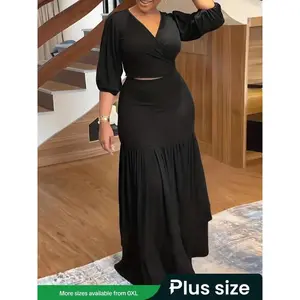 ??Plus Size?? Two-Piece Set Plain Wrap Co-ord Set, Elegant Bishop Sleeve Crop Top & Ruffle Hem Skirt Set for Daily Wear, Summer Outfits 2024 Sets, Women's Two-piece Outfits for Spring & Fall, Fall Clothing Women