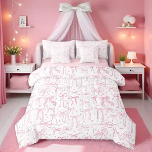 Feelyou 7-Piece Princess Bedding Set for Girls - Pink Bow Motif Comforter, Cartoon Stars, Hand-Drawn Love Design, Fitted & Flat Sheets, Luxe Microfiber, Multi-Size Bedding Sheets