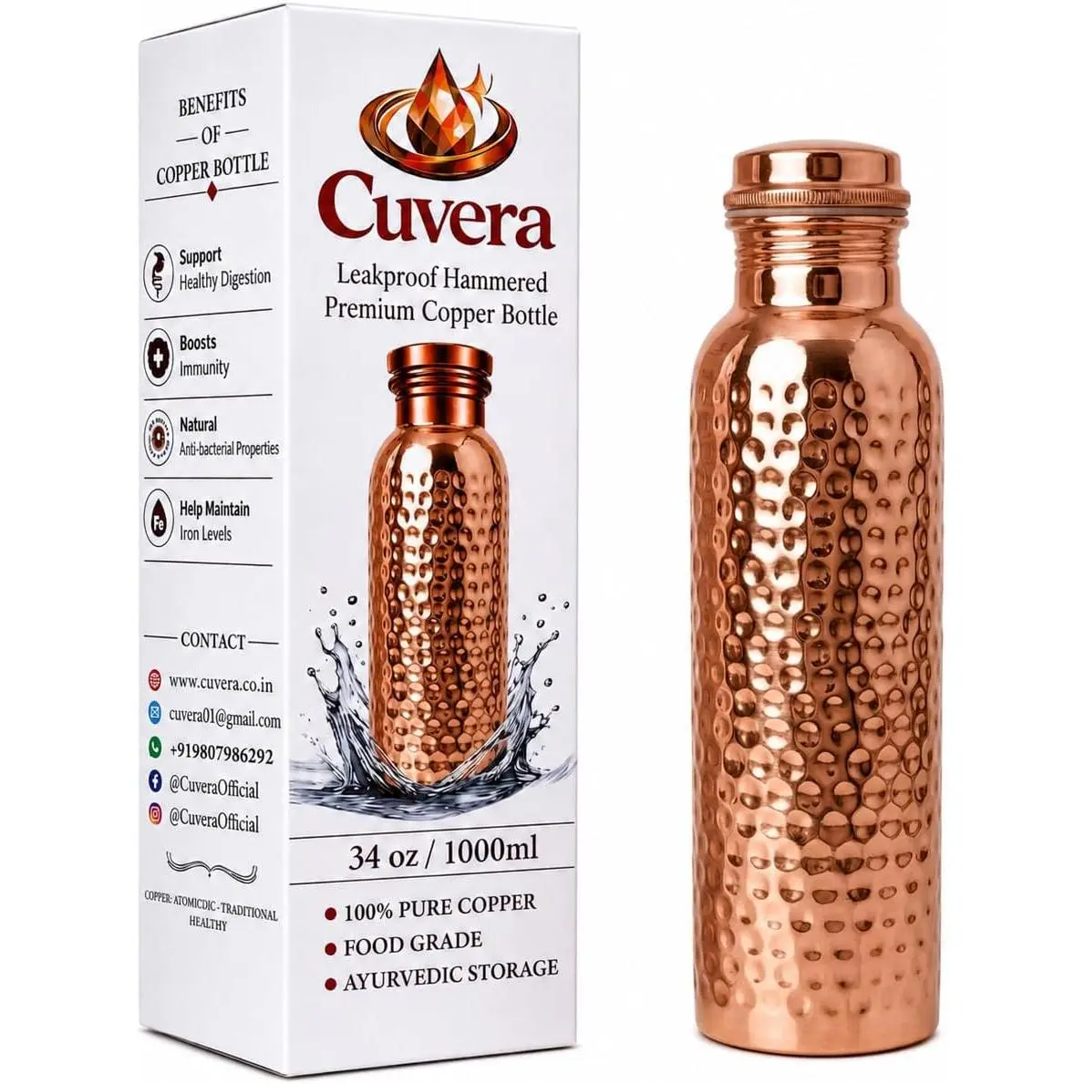 100% Pure Copper Water Bottle 34 Oz (1000 ml) | Extra Large Hammered Ayurvedic Copper Vessel for Drinking | Leak-Proof, Reusable & BPA Free Large Metal Flask for Home, Office, Gym & Travel |