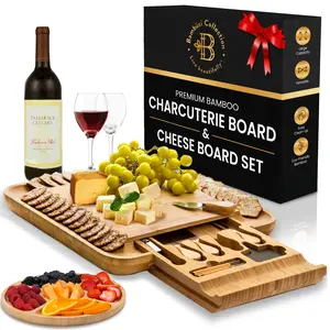 Large Bamboo Charcuterie Board Set, Bamboo Cheese Board Gift Set Charcuterie Tray & Serving Platter for Hosting & Entertaining, Wooden Cheese Platter, Kitchen Gifts for Women, Gifts for Home, Wedding & Birthday