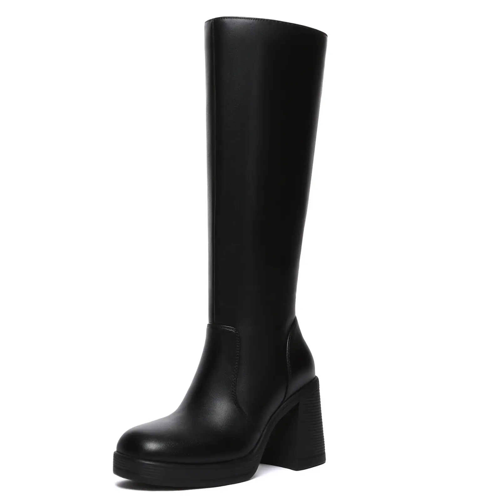 Athlefit Women's Black PU Leather Knee-High Platform Boots, Square Toe Chunky Comfortable Heels, Durable Sole Statement Shoes for Walking, Chunky Heel