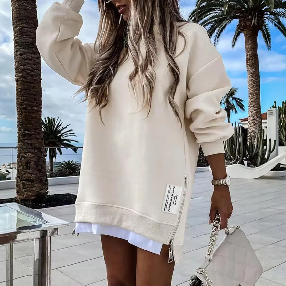 CHICME 2026 Womens Long Sleeve Pullover Sweatshirt Zipper Slit Casual Dress Drop Shoulder Oversized Outfits