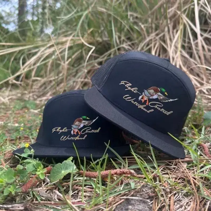 Flight Control Waterfowl Trucker Hat | Bottomland Camo 7 Panel Mesh Snapback | Duck Hunting Flat Bill Cap | Hunter Gift for Him