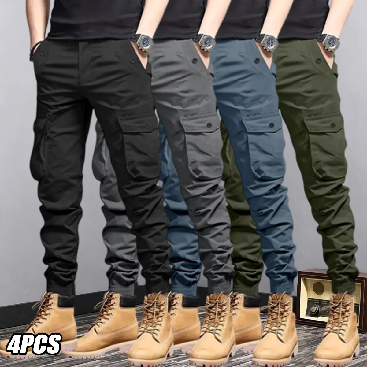 4-pack men’s tactical cargo pants, lightweight for summer, comfortable and breathable, elastic waistband with drawstring, large cargo pockets, suitable for outdoor everyday casual wear, wearable in spring, autumn, and summer.