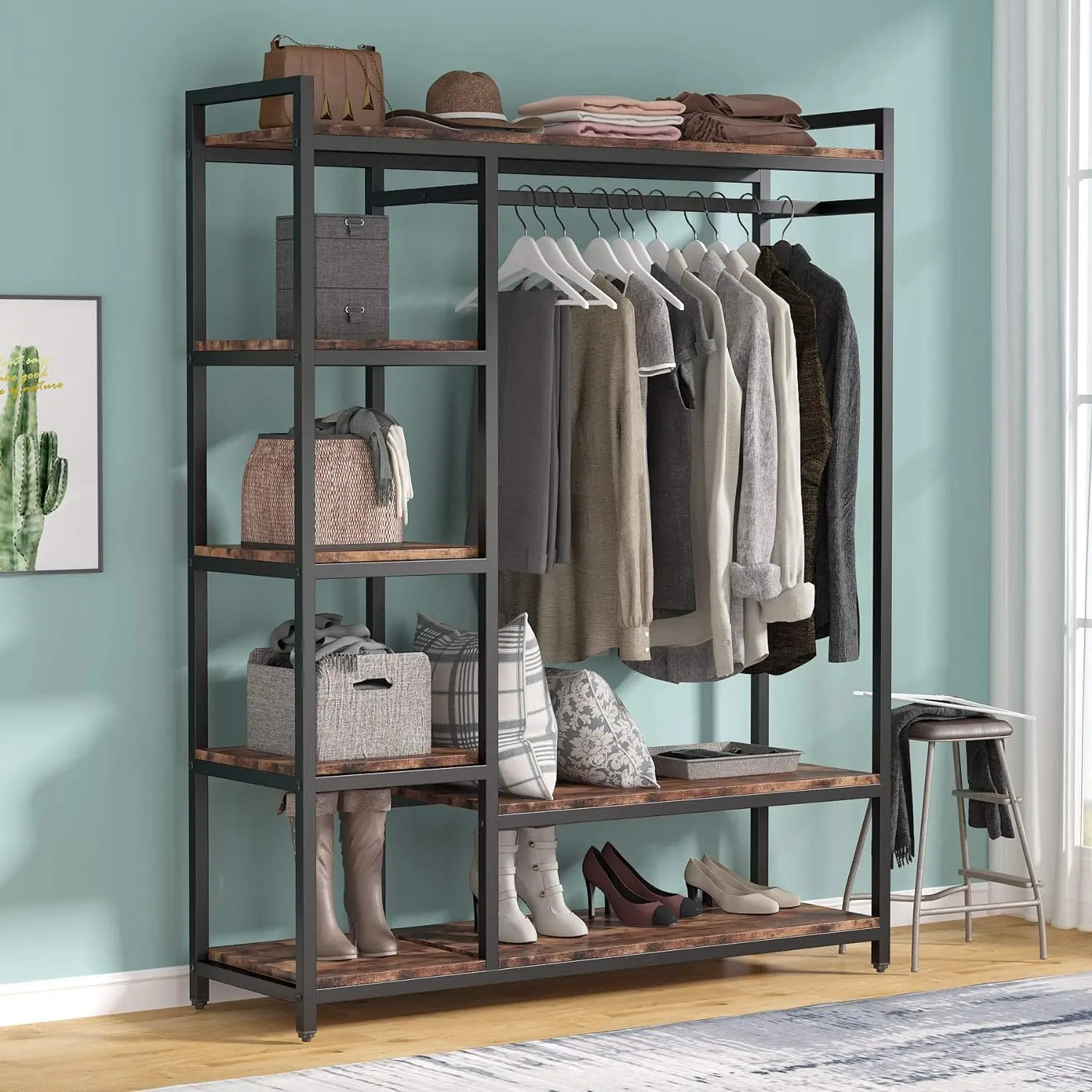 Tribesigns Freestanding Closet Organizer Large Clothing Garment Rack with 6 Storage Shelves and Hangable  Rods for Bedroom, Wardrobes Hanging Metal Decor