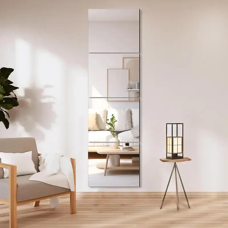 13"/15" Bathroom Mirror Tiles 4-Piece Set – Frameless Stick-On Wall Mirrors, HD Float Glass Full Length Mirror with Frosted Edges, for Bathroom, Bedroom, Gym