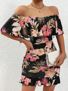 Plants Print Off Shoulder Ruffle Ruched Bodycon Dress - Vacation Beach Outfits
