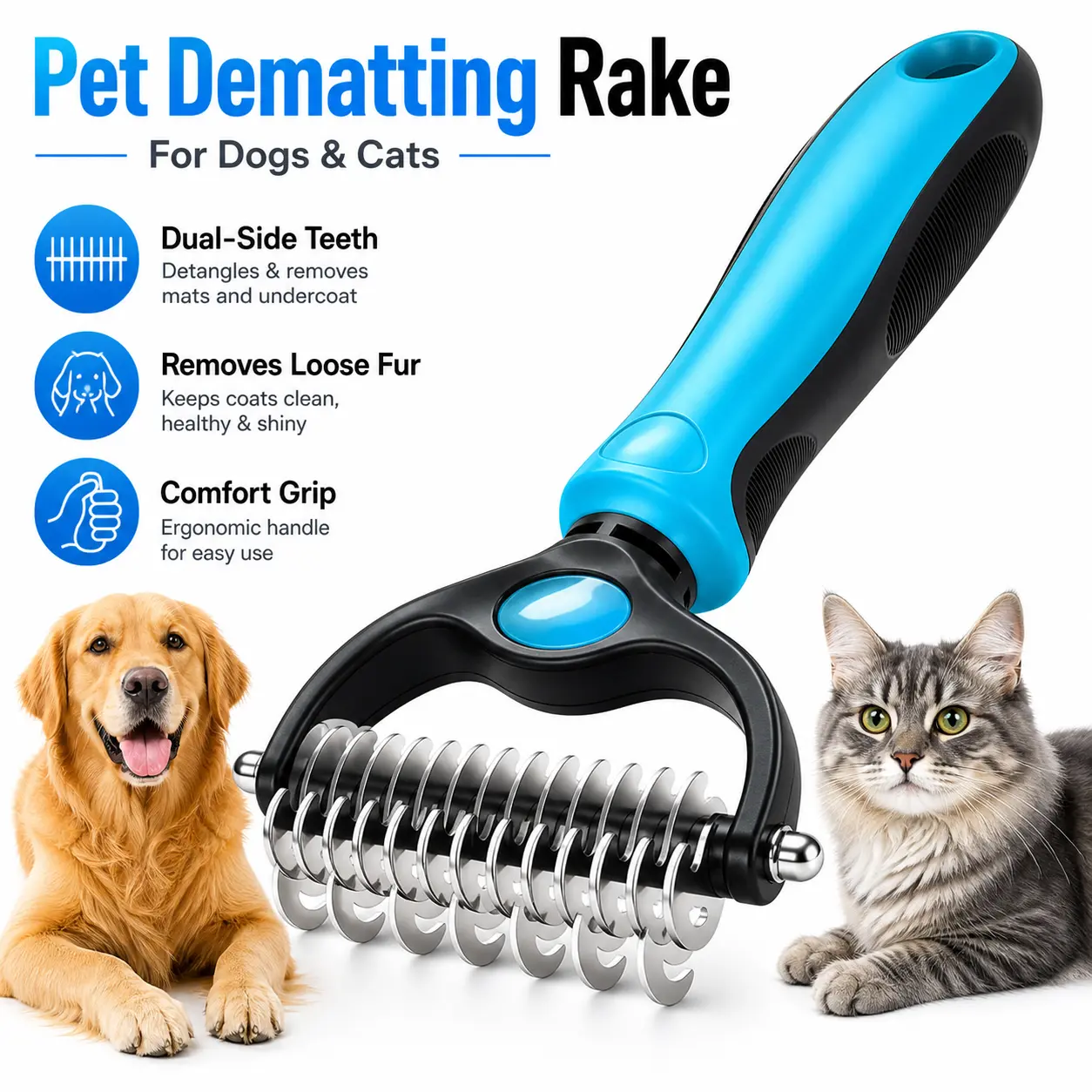 Double-Head Pet Grooming Deshedding Brush - Durable Groomer Tool with Easy Grip Rubber Handle, Pain-Free Dematting Comb, Undercoat Rake for Dogs, Quick Coat Thinning Functionality (Dual-Head Design)