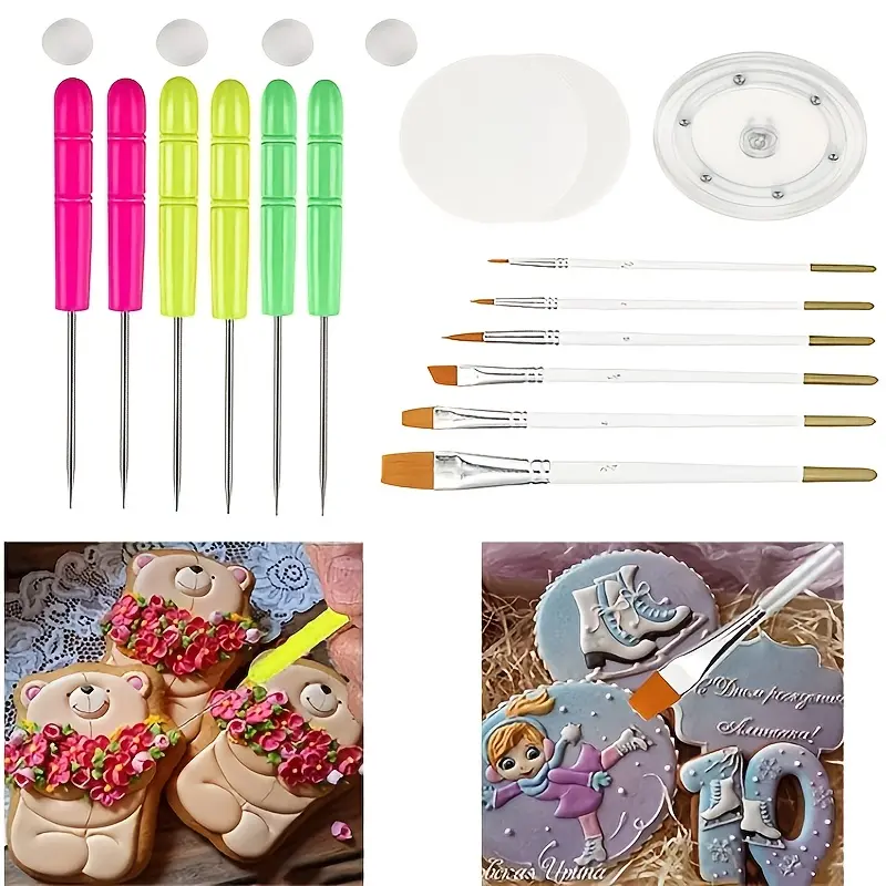 Cookie Decorating Kit Cookie Decorating Supplies with 1 Acrylic Cookie Turntable, 6 Cookie Fondant Brushes 6 Cookie Scribe Needle Royal Icing Tools Cookie Turntable Decorating