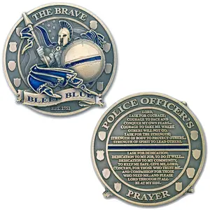 The Brave Bleed Blue Police Collectible Prayer Challenge Coin with Police Officer's Prayer Inscription