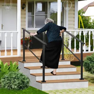 GAOMON Stair Railing, 4 Steps Handrail for Outside Stairs, Upgrade 2-in-1 3 Step Stair & Horizontal Handrails, Metal Handrails for Concrete Steps or Wooden Stairs, Exterior Hand Rails for Seniors