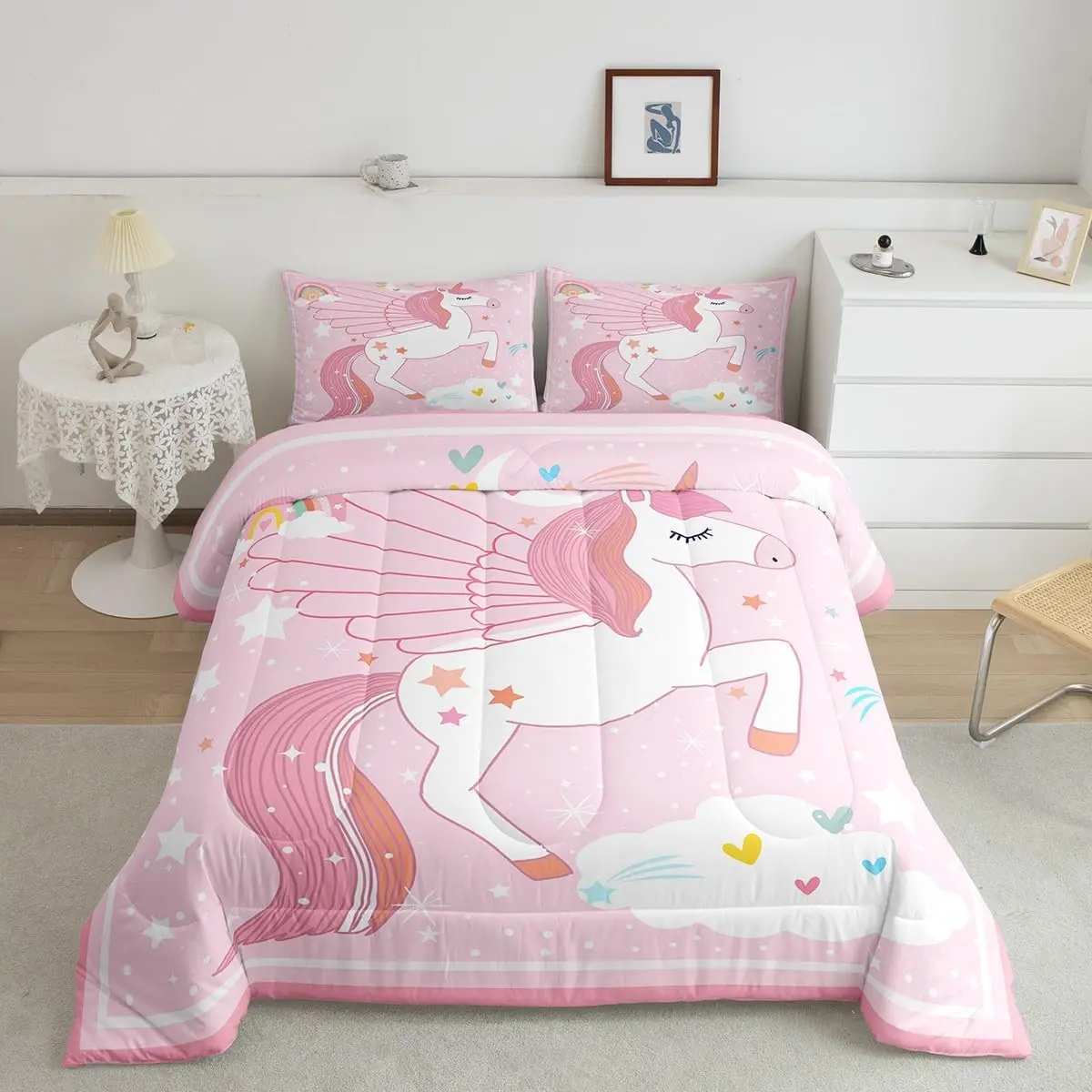 Feelyou Toddler Girl Bedding Set - Pink Unicorn Cartoon Microfiber Duvet Cover, Breathable Cozy Blanket, Rainbow Love Heart Quilt, Kids' Bedroom Decor for Birthdays, Tumble Dry in Low Heat