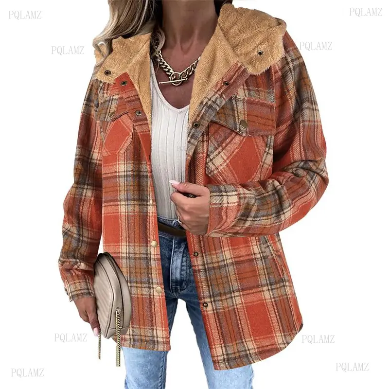 Women's Casual Jacket, Plaid Flannel Long Sleeve Hooded Shacket with Sherpa Lining, Button Down Boyfriend Style Coat, Garment, Hooded V-Neck, Loose-Fit, Plaid Print, Tops, Everyday, Fabric, Longsleeves