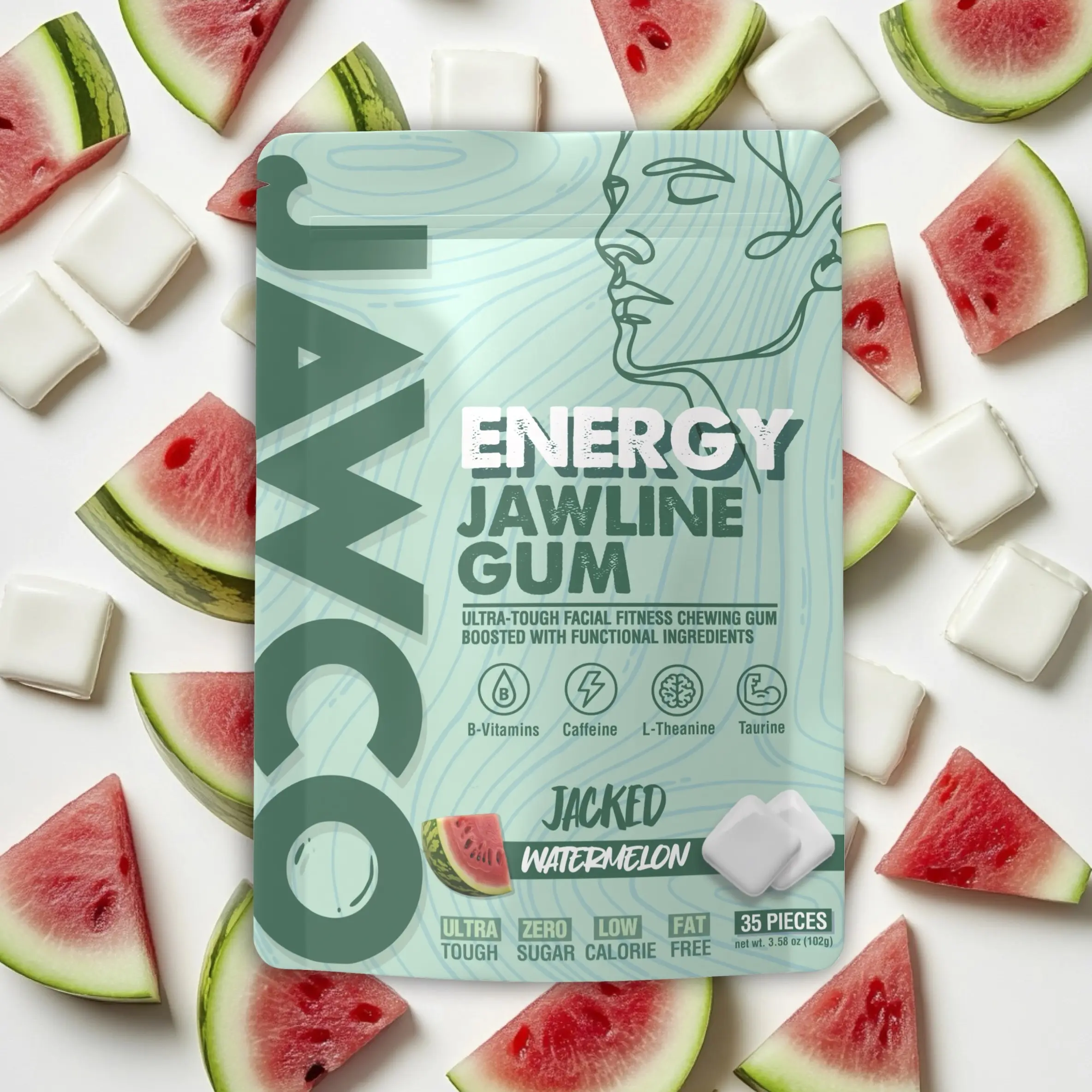 JAWCO Ultra-Tough Jawline Chewing Gum + Energy | Get a Stronger, Squarer Jawline | 30mg Caffeine, L-Theanine, B Vitamins, & Taurine | Watermelon Sugar-Free Nootropic Hard Gum | 35 Pieces/Pack