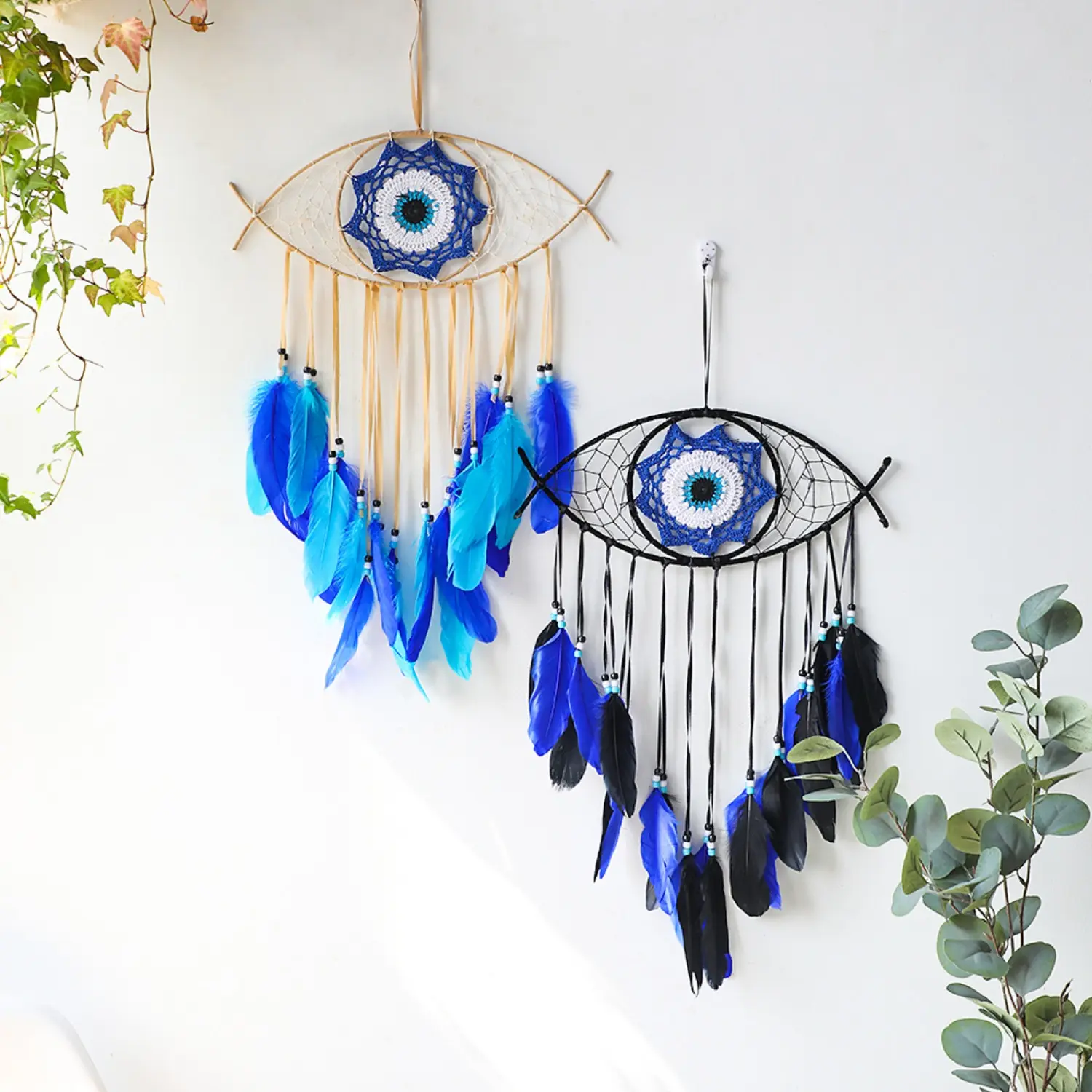 Bohemian Evil Eye Dream Catcher, Colorful Feather Wall Hanger, Wind Chime Pendant for Outdoor & Home Decor, Aesthetic Wall Decor, Home Decorative Ornament, Interior Decoration Accessories, Artificial Hanging, Ornaments, Room Decoration Ornaments
