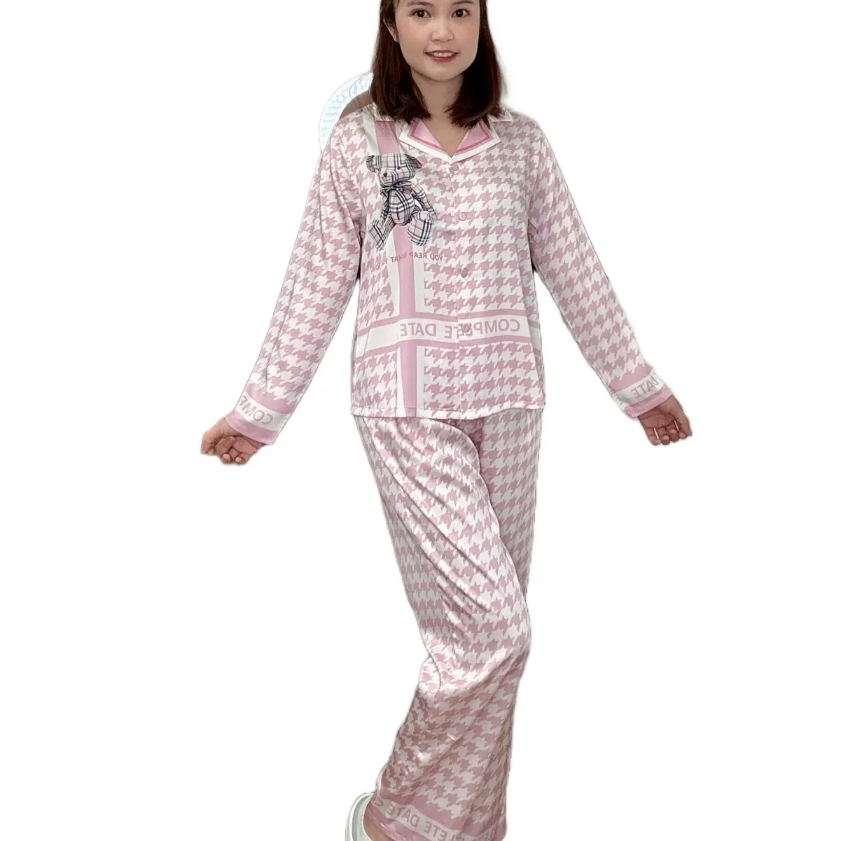 Size: M/L/XL ( 100- 158lbs ). Latin Silk Long Sleeve and Pants Pajamas Set in Light Pink with Cute Bear - Loungewear, Nightwear for Women