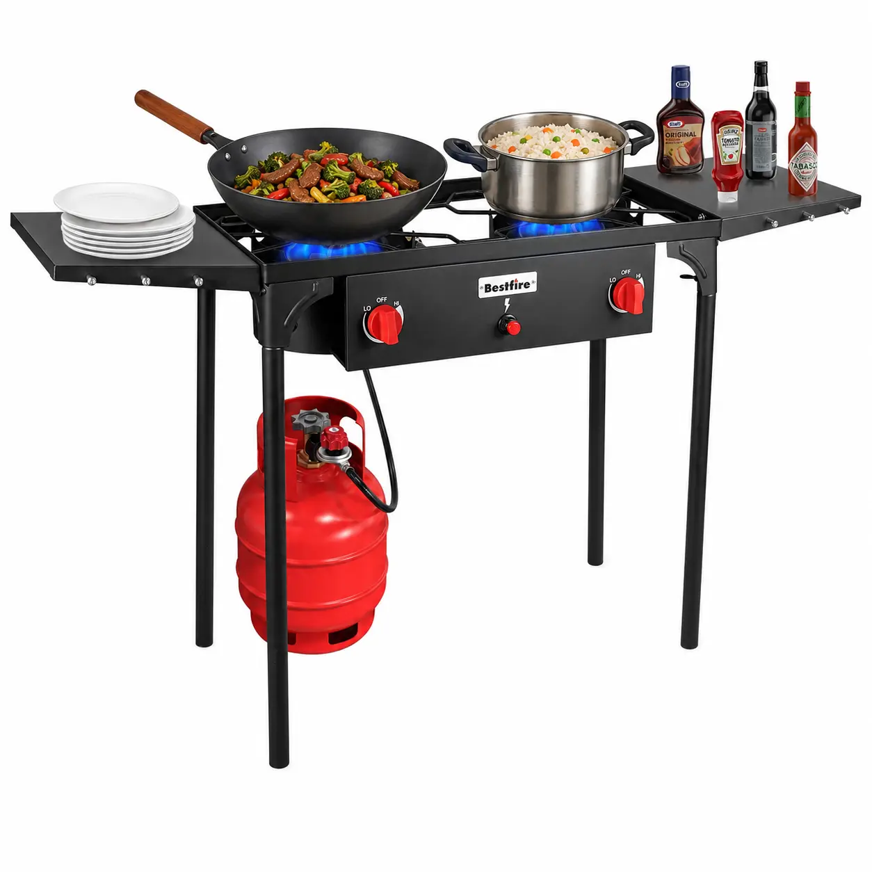 Bestfire Outdoor Portable Stove - Heavy-Duty Cast Iron Dual Burner Metal Stove, 150000 BTU with Wind Guards, Push-Button Ignition, Side Shelves, Integrated Utensil Hooks, Detachable Legs for Camping, Tailgating, Foldable Legs, Freest, seafood boil, Portab