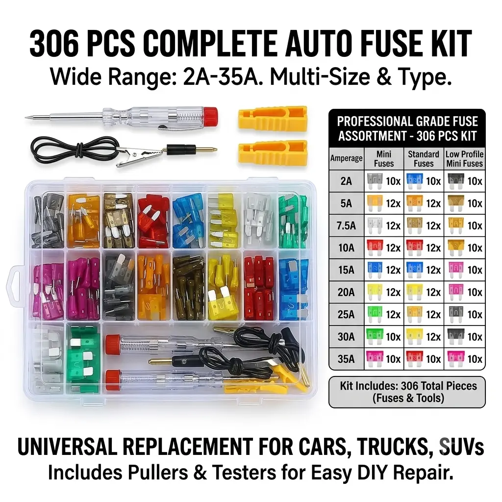 306PCS Car Blade Fuse Assortment Set with Circuit Tester & Puller, Auto Replacement Fuses for Truck & Motorcycle by Honibaoto