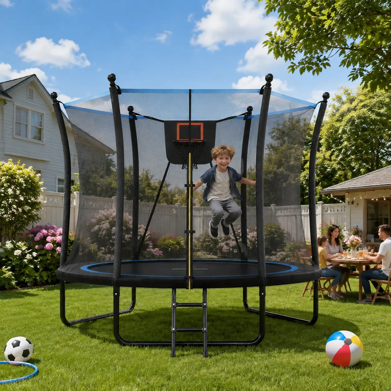 8FT Outdoor Trampoline with Enclosure Net and Ladder, Backyard Recreational Trampoline for Kids
