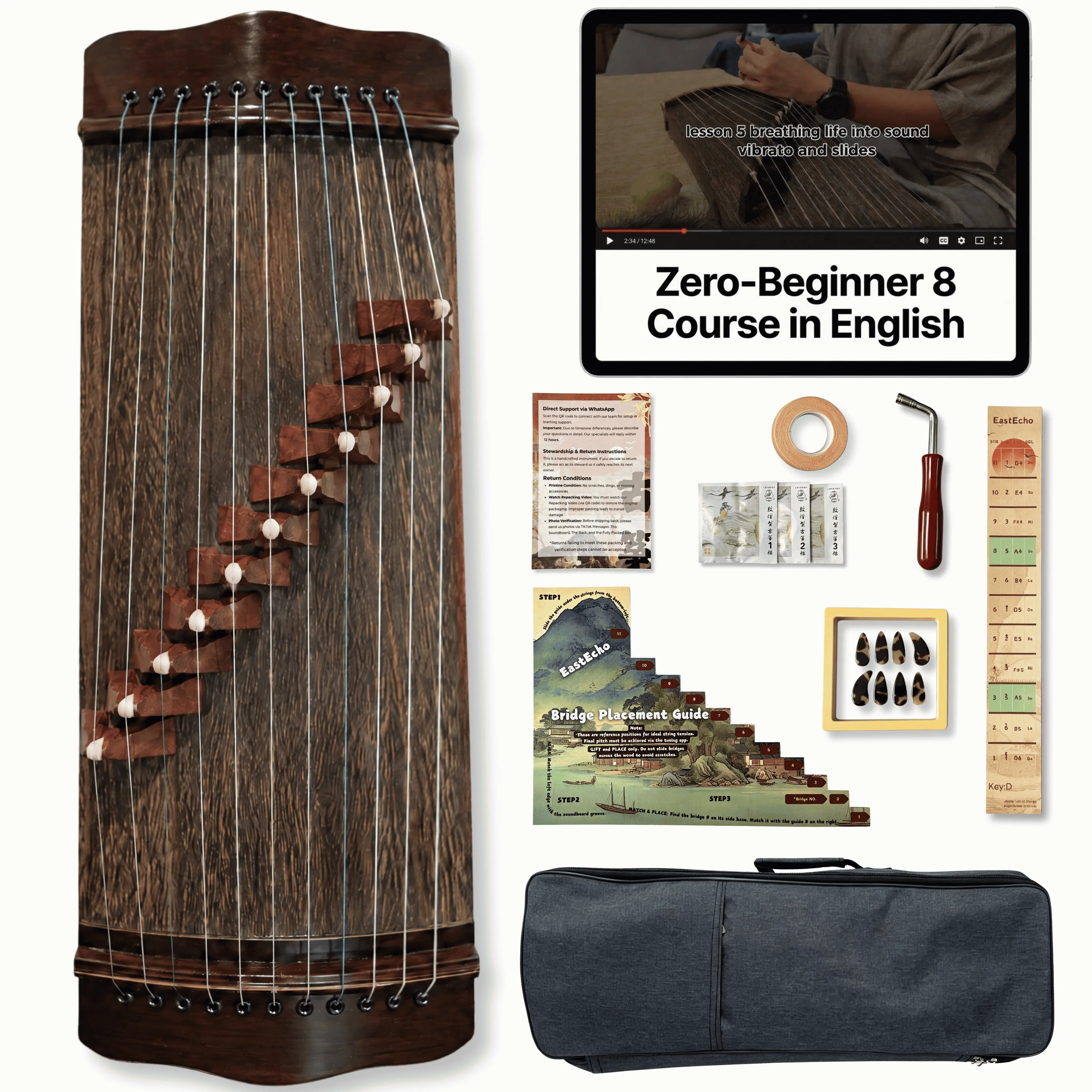 EastEcho Mulan 11-String Wooden Portable Guzheng Kit - 20in(50cm), 2.57lbs Chinese Zither with Beginner Video Course, Bridge Chart, 30-min Jingle Bells, Pentatonic Travel Instrument for Adult Beginners, Stress Relief Zen Gift