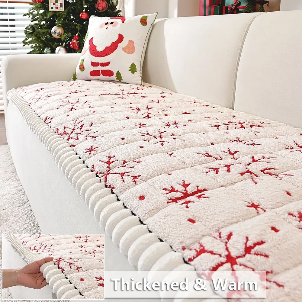 Christmas Snowflake Plush Quilted Sofa Cover, Thickened Design, Non-Slip, Pet Friendly, for 1-4 Seater Sofas, Home Decor Gift，Christmas gift, Non Slip Couch Cover