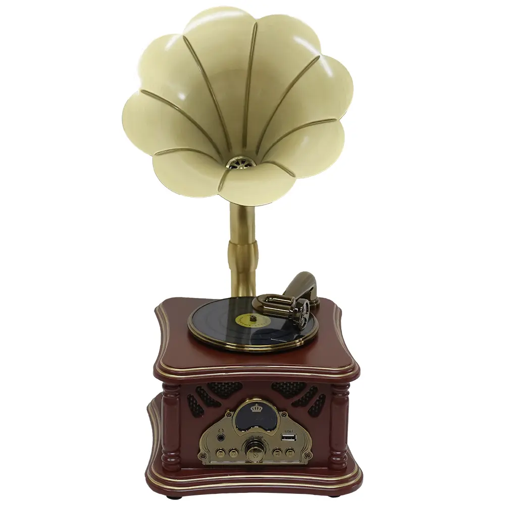 Dark Brown Mini Wood-Look Vintage Phonograph Speaker - Home Entertainment Player with Earphone Jack, Stereo Sound, Aux Input, USB Port