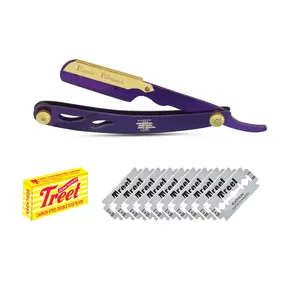 Purple and Gold Hair Shaving Razor - Professional Grade Barber Straight Edge Razor - Adjustable Tension Screw to tighten the handle - Great for all Hair types and all shaving experiences - Blades Included - Good for Mustache Beard Eyebrows